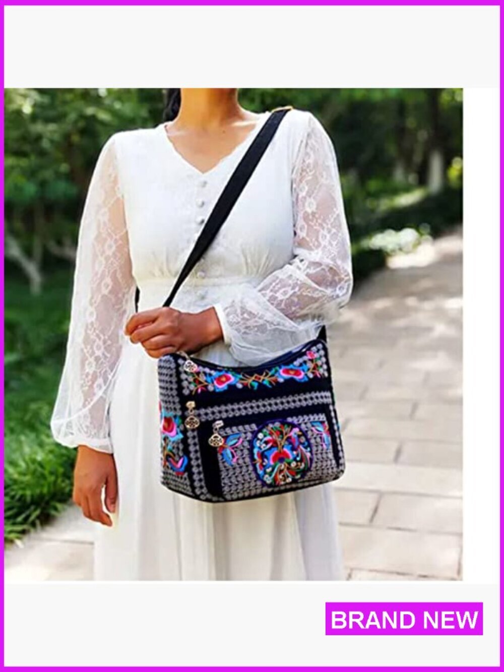 Vintage Embroidered Hobo Crossbody Bag Boho Hippie Tote Handbag Shoulder Purse - Picture 2 of 7